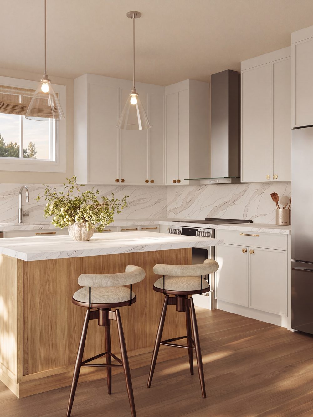 Kitchen with white oak island and stone backsplash