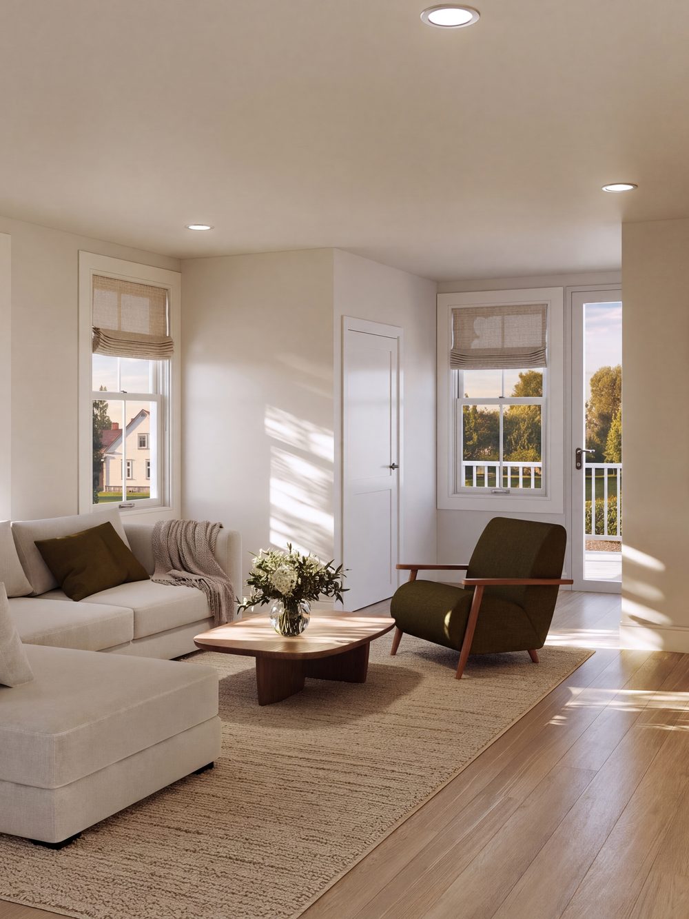 Living room with balcony doors and corner windows