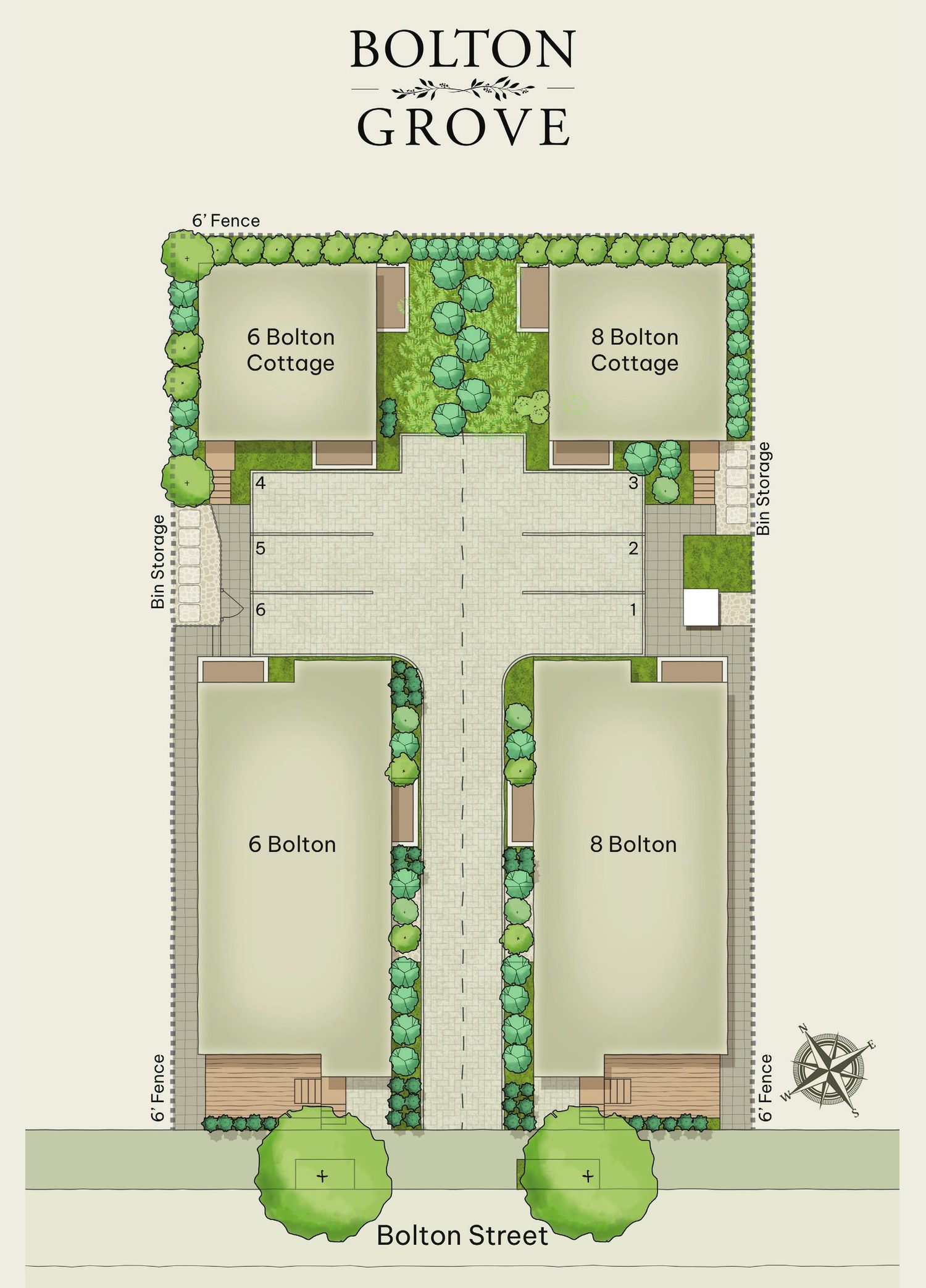 Site plan: 6 Bolton and 8 Bolton fronting Bolton Street, a planted walk between them, a six-space parking court, and the two cottages at the rear of the lot